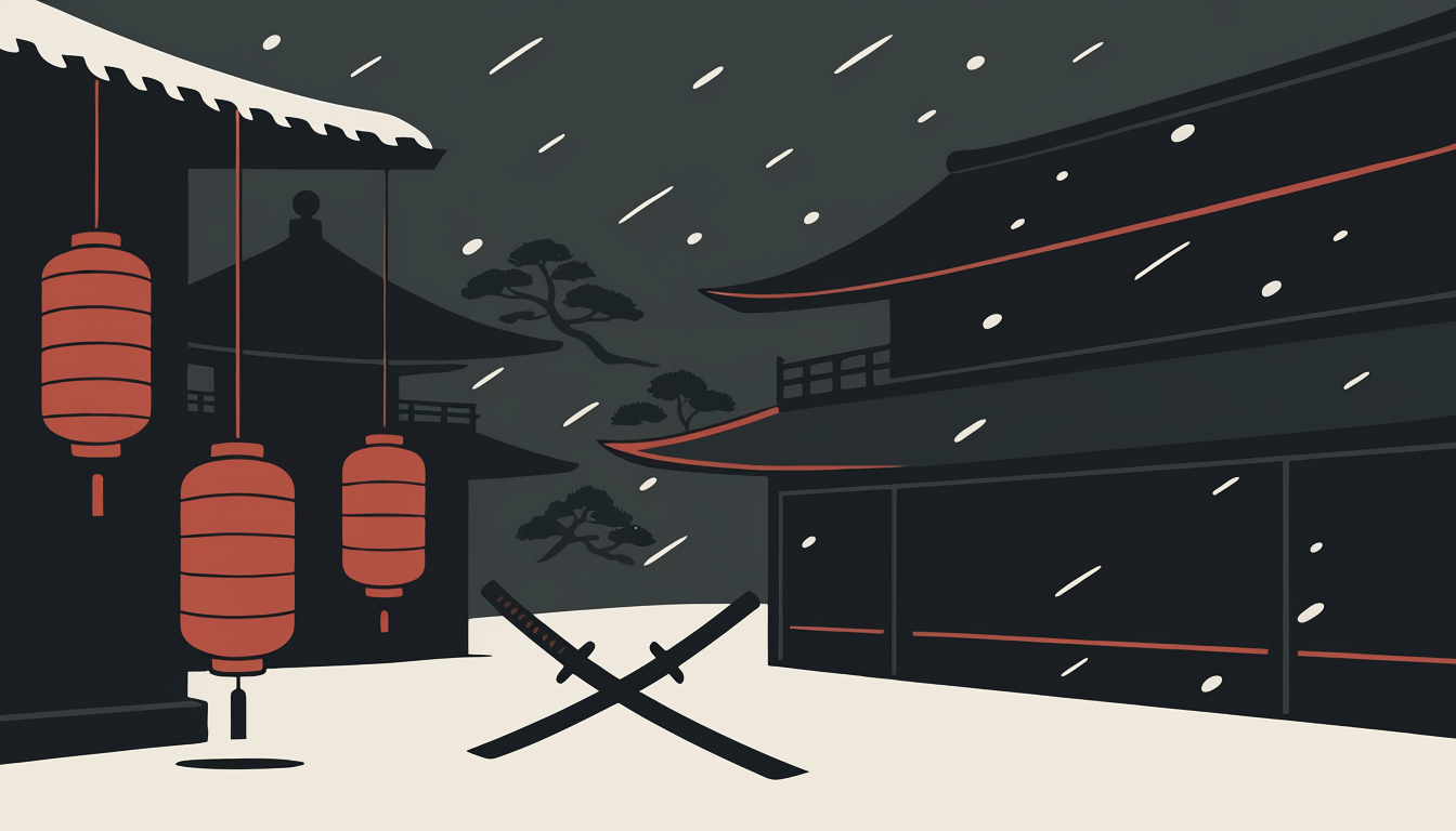 夜討ちの提灯と刀を象徴するシルエットイラスト