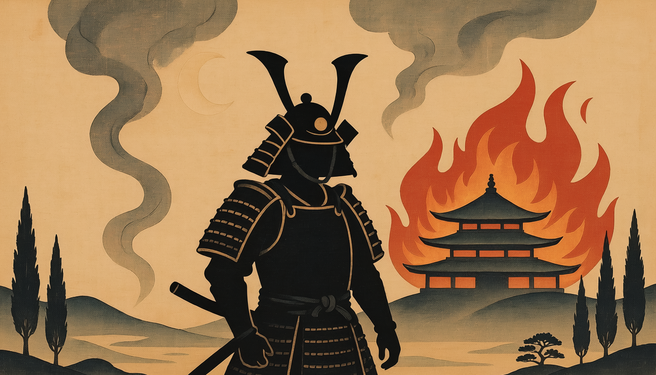 本能寺の変を象徴する炎上する寺院のシルエットイラスト