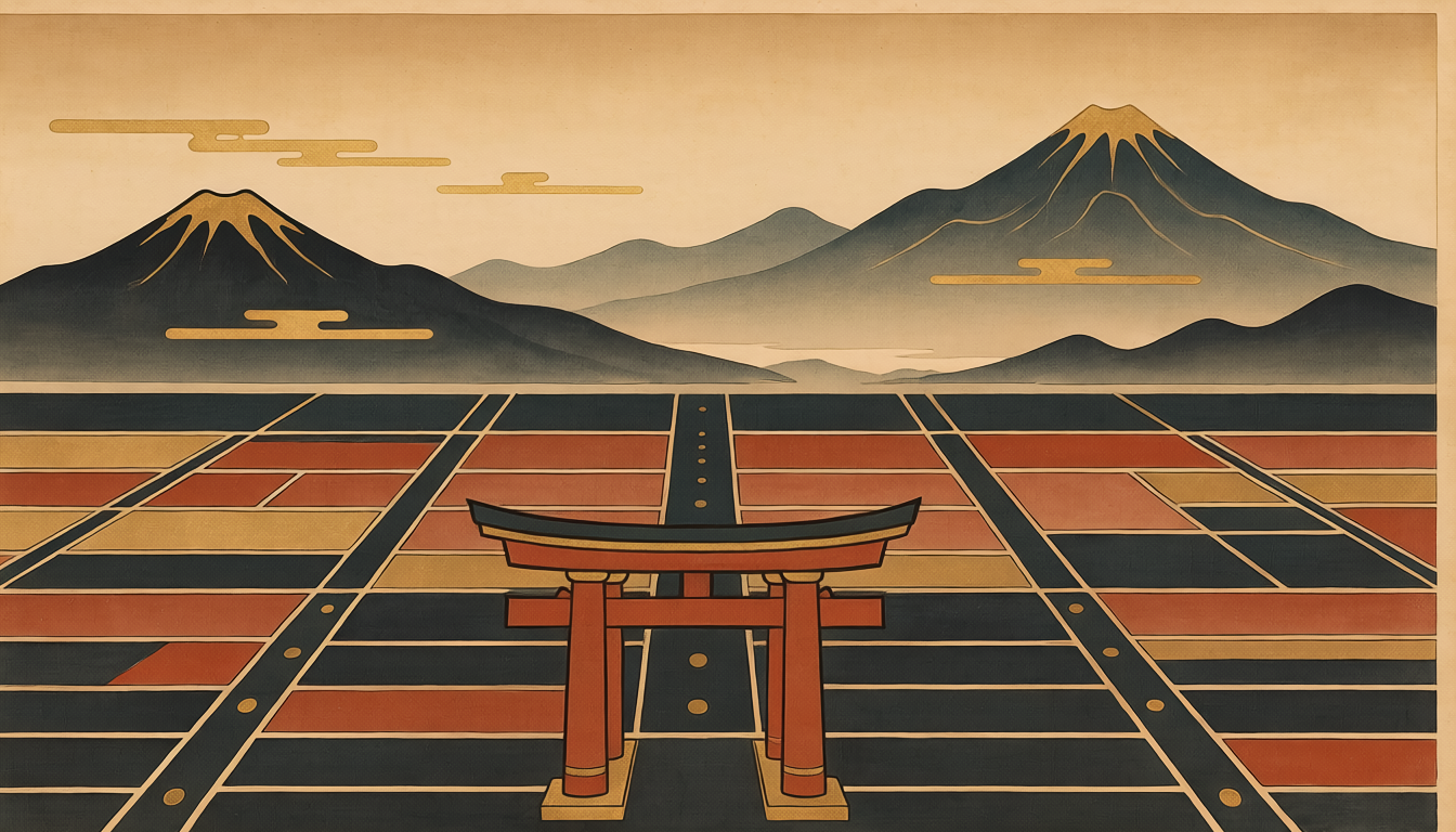 平安京の朱雀門と碁盤目の都を象徴するシルエットイラスト