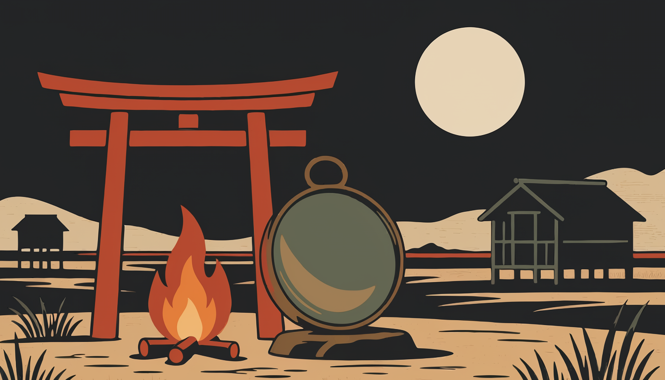 銅鏡と祭祀を象徴するシルエットイラスト