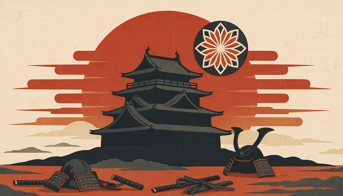 戊辰戦争の旗と甲冑を象徴するシルエットイラスト