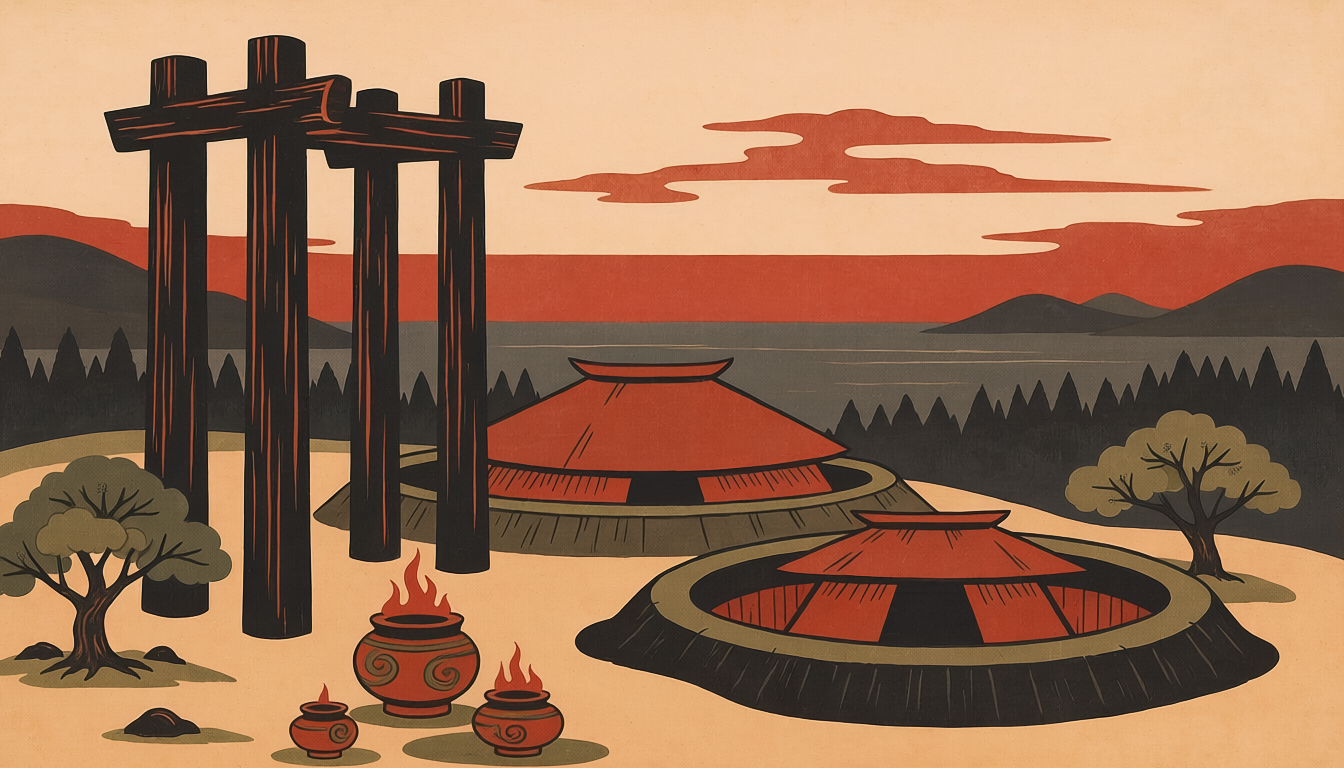 縄文土器と竪穴住居の集落を象徴するシルエットイラスト