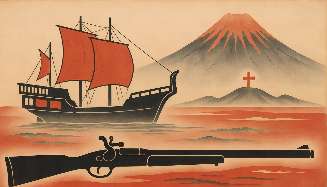 南蛮船と十字架を象徴するシルエットイラスト
