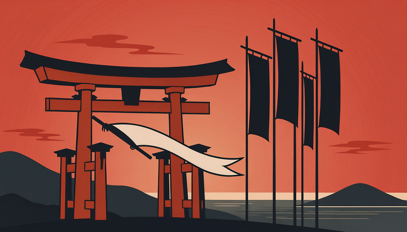 鎌倉の鶴岡八幡宮と武士を象徴するシルエットイラスト